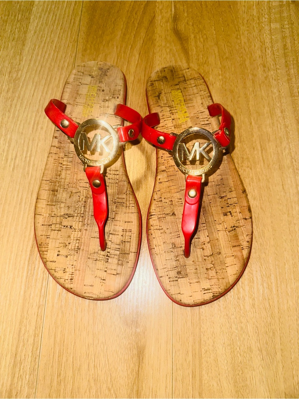 Michael Kors Red Thong Sandals with Gold MK Medallion